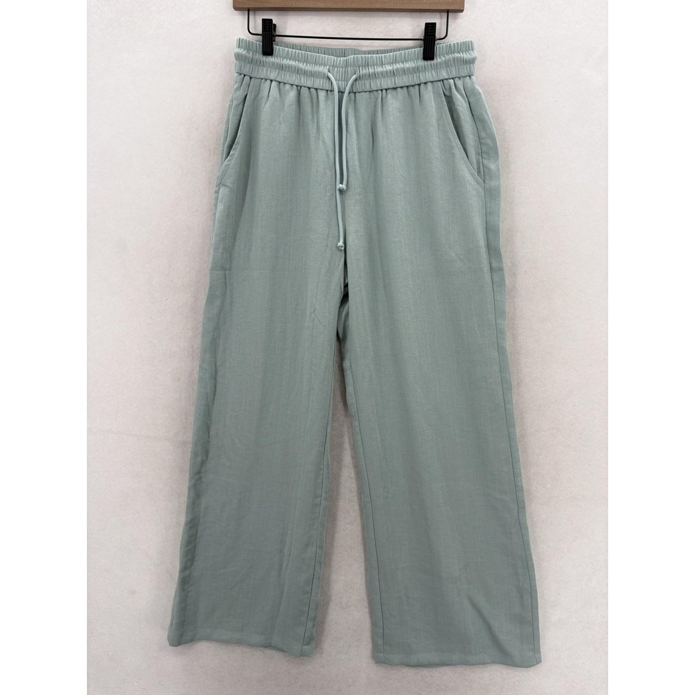 Halara High Waisted Drawstring Wide Leg Womens Pants M Green Linen Feel Casual